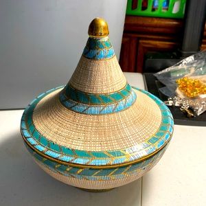 Vtg Made in Italy Lidded Pottery Bowl blue green gold